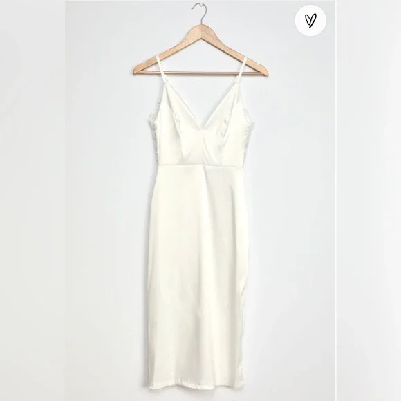 Stunning Sight White Embroidered Lace Satin Midi Dress - Picture 5 of 7